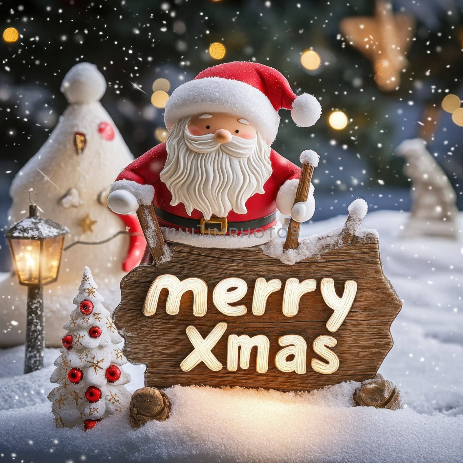 A festive Santa Claus figure stands next to a snowy Christmas tree and a charming house celebrating the holiday spirit.