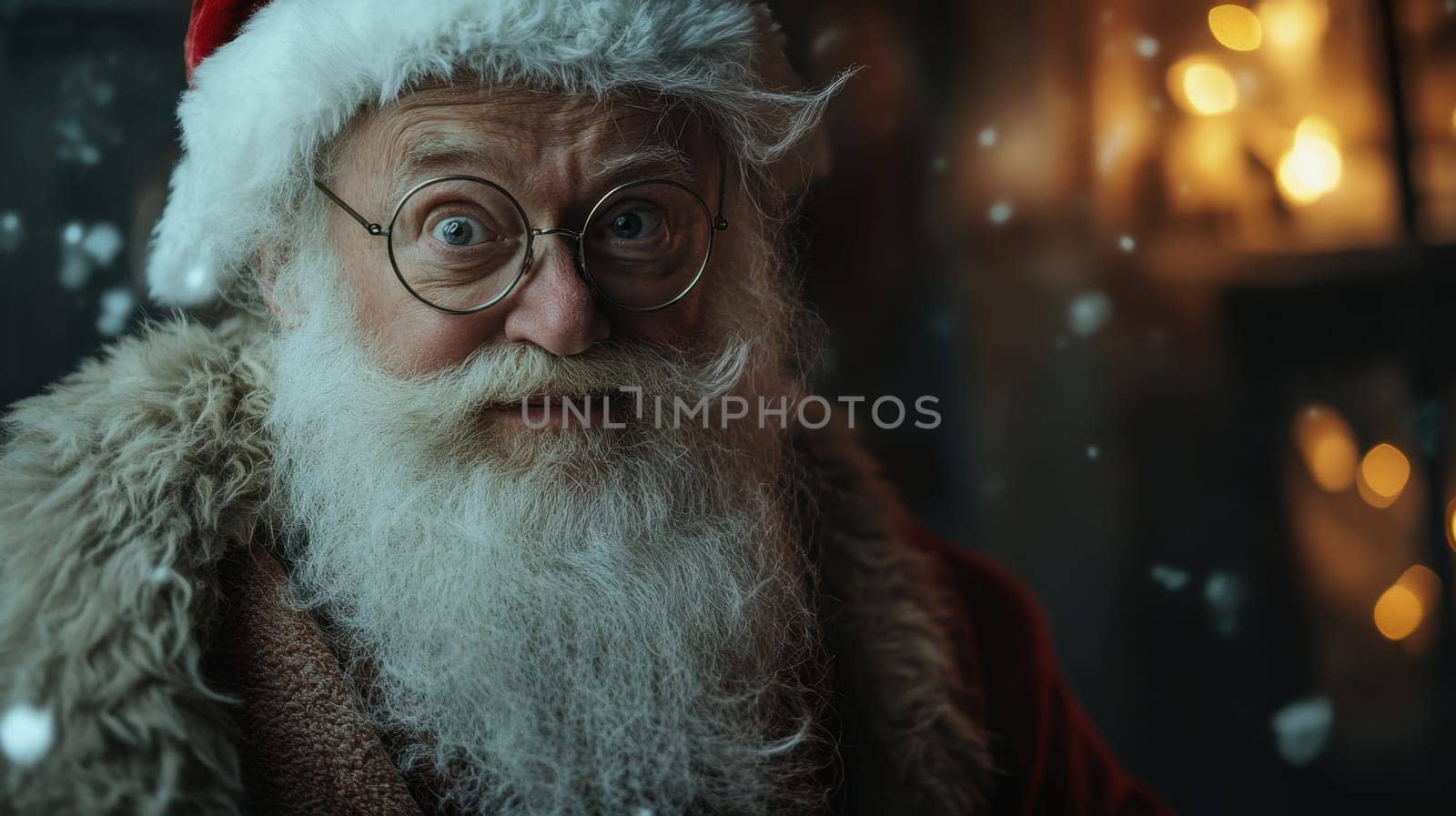 A joyful Santa Claus with glasses and a thick beard enjoys the festive atmosphere surrounded by soft lights and falling snowflakes.