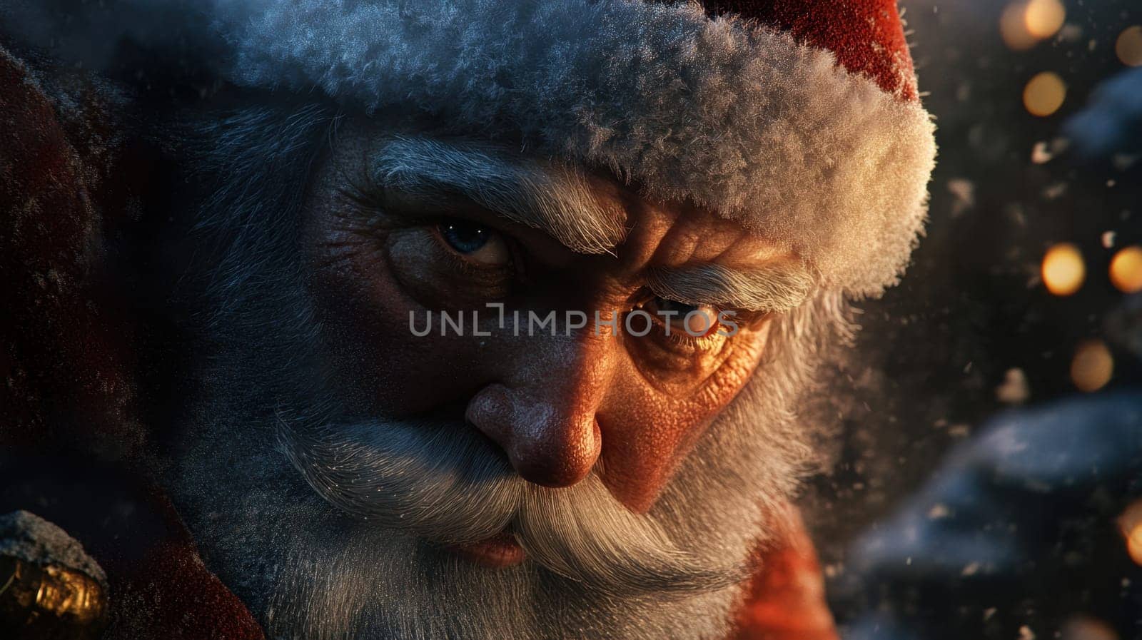 A determined Santa Claus gazes into the distance while getting ready for Christmas in a snowy environment surrounded by festive lights.