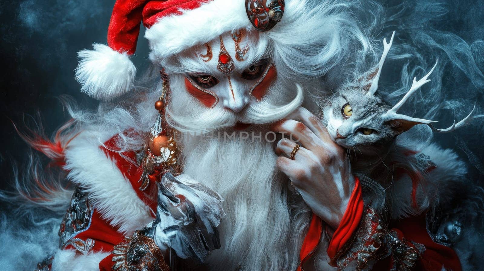 A captivating character in a Santa costume adorned with elaborate designs is accompanied by a mystical cat in a reflective moment.