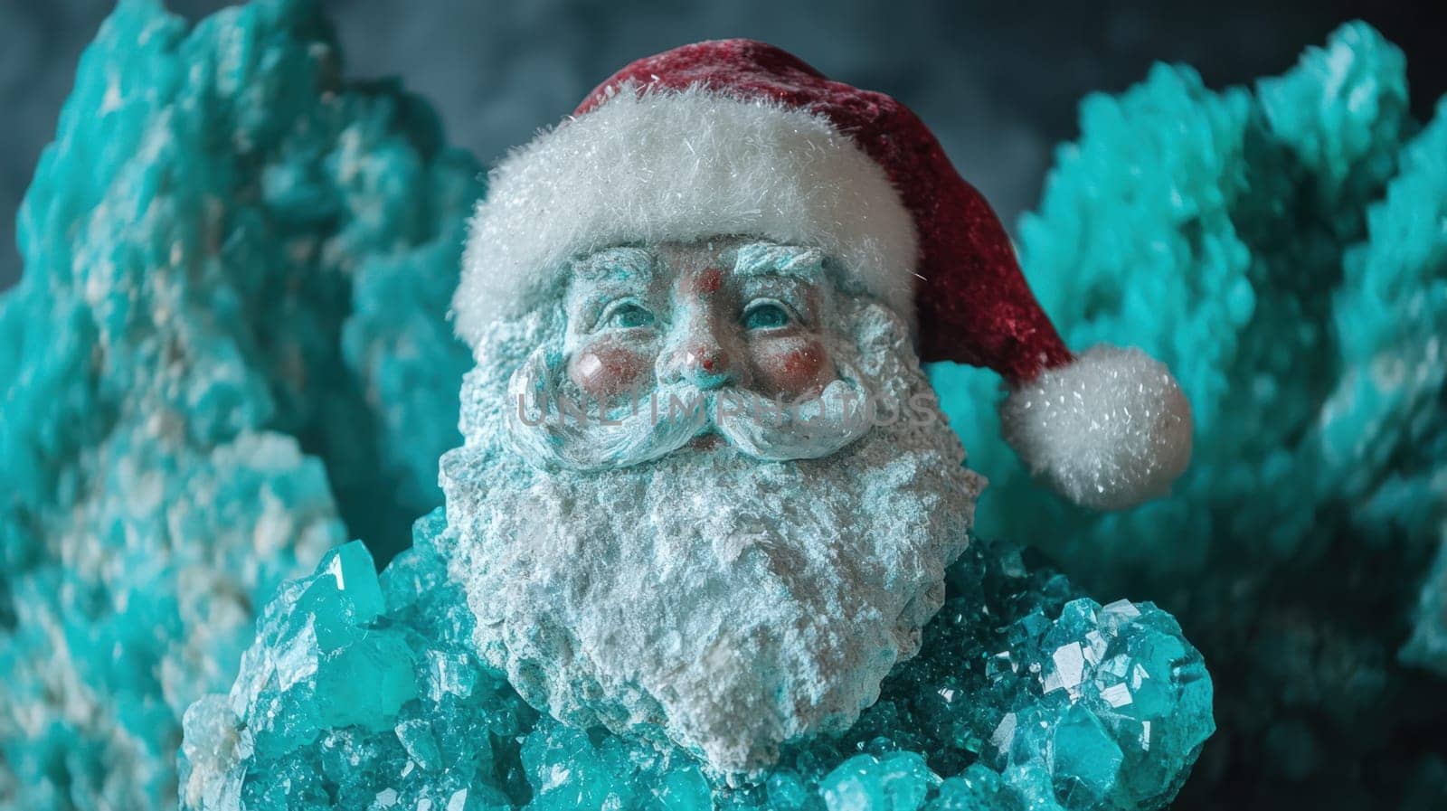 A charming Santa Claus figure adorned with a red hat is placed amid stunning turquoise crystals exuding a festive holiday spirit.