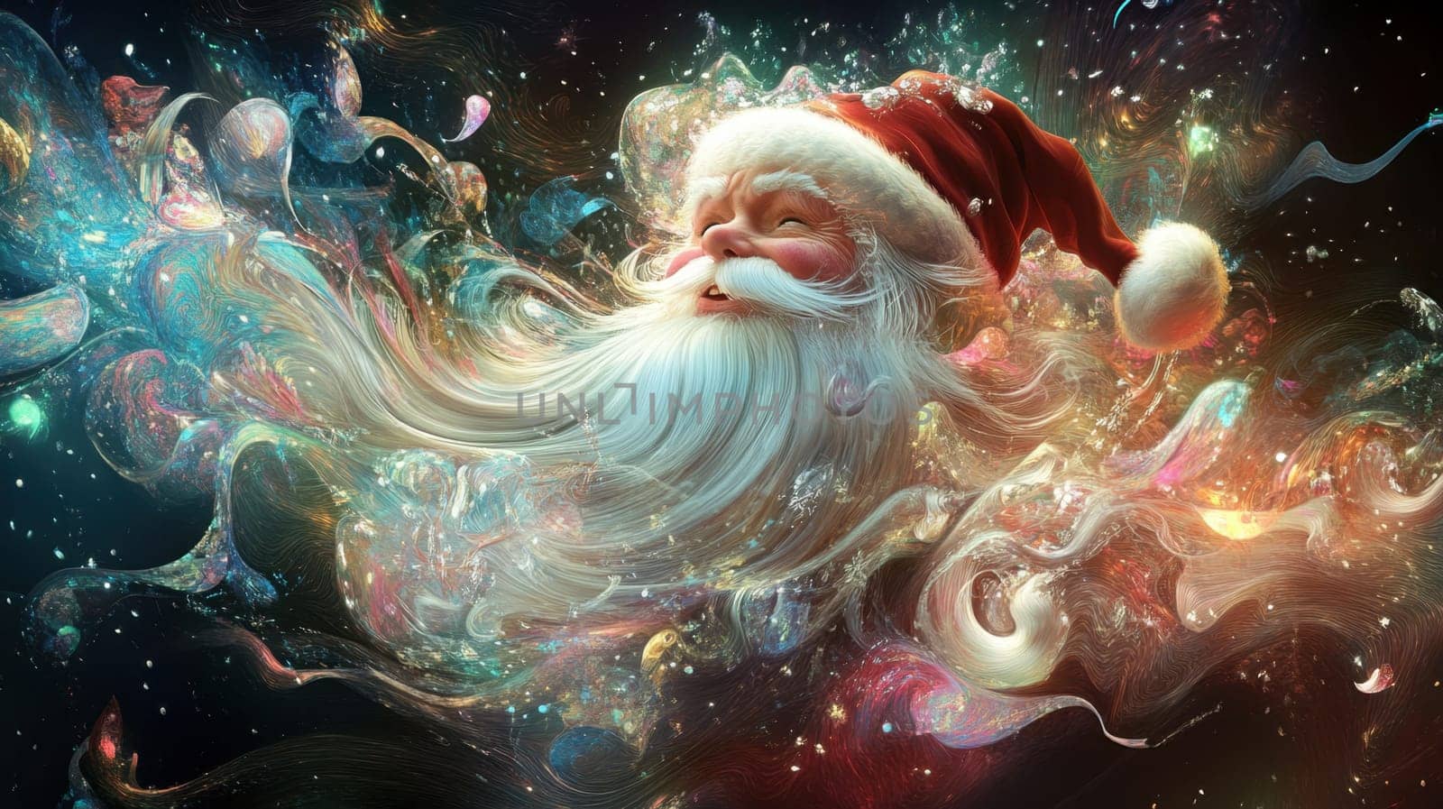 A whimsical portrayal of Santa surrounded by colorful swirling patterns evoking a sense of wonder and festive cheer.