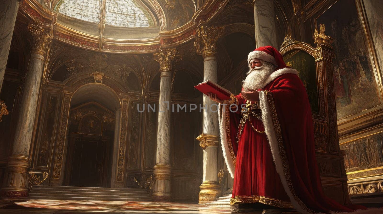 A magical figure dressed as Santa Claus reads a book inside an ornate hall decorated for Christmas. The atmosphere is warm and inviting.