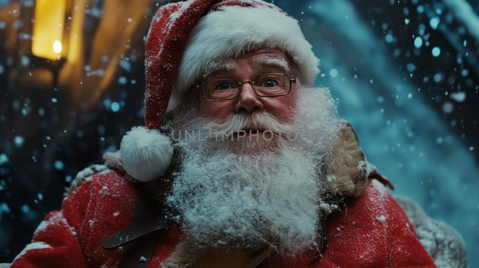 A joyful Santa Claus with a snowy beard and festive outfit smiles warmly in a winter setting surrounded by falling snowflakes.