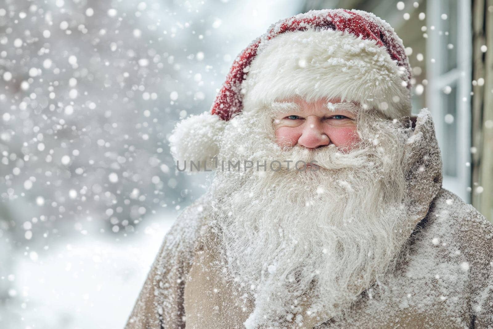 A joyful Santa Claus with a fluffy white beard and red hat stands outside surrounded by falling snowflakes on a winter day.