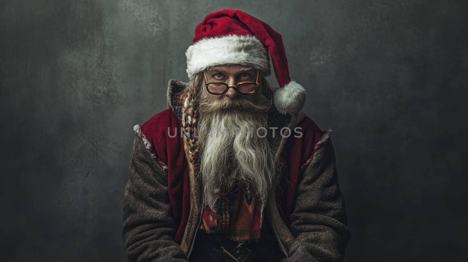 A classic portrayal of Santa Claus showcases his long beard and red attire evoking a festive spirit during the holiday season.