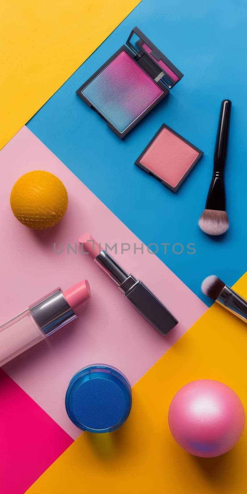 A colorful array of makeup and beauty products are displayed on a blue and pink background