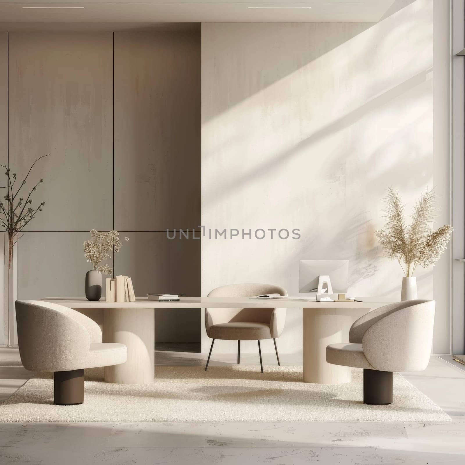 Clean and elegant minimalist office background with sparse decor.