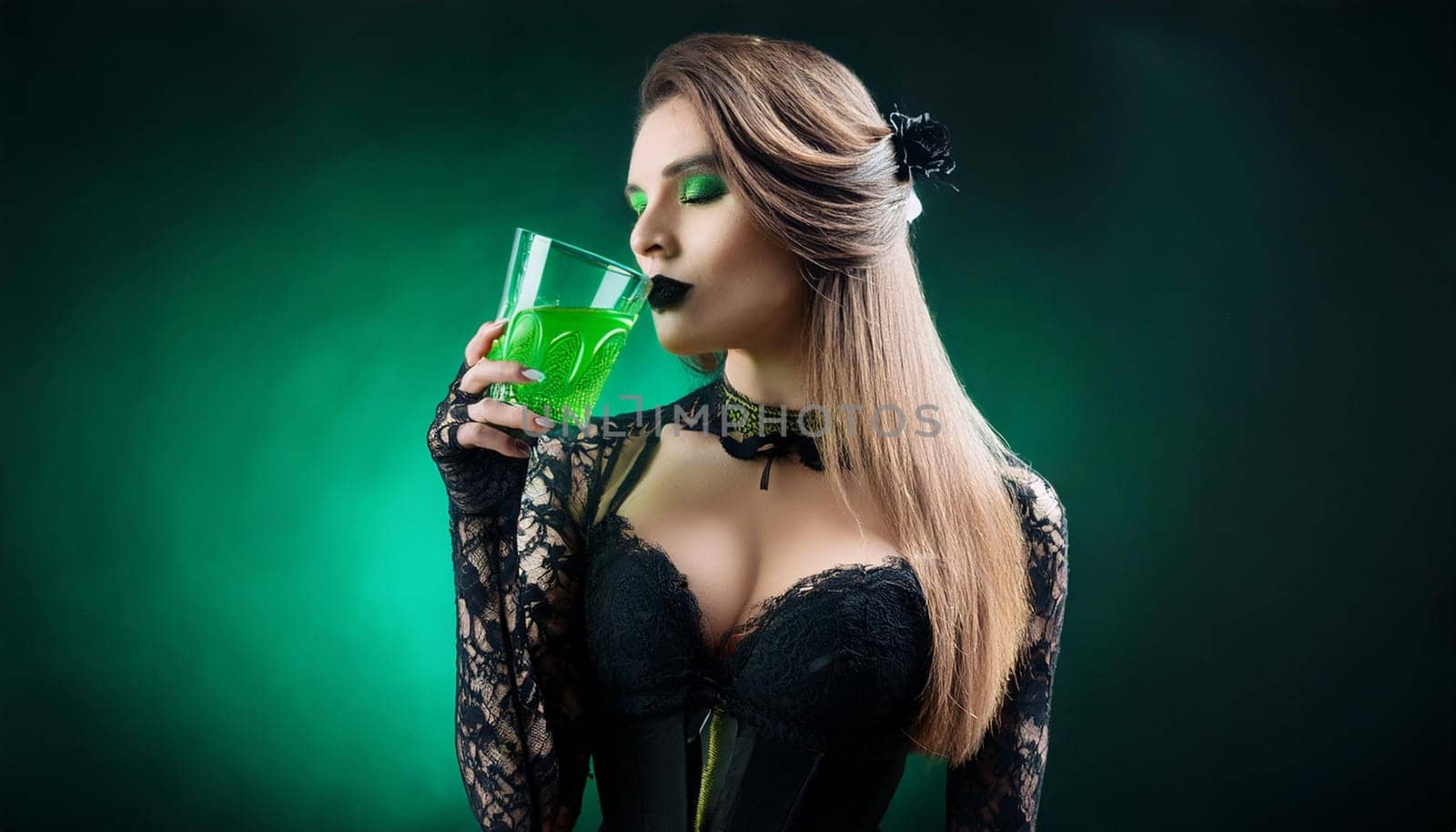 pretty young goth woman drinking absinthe, AI generated image