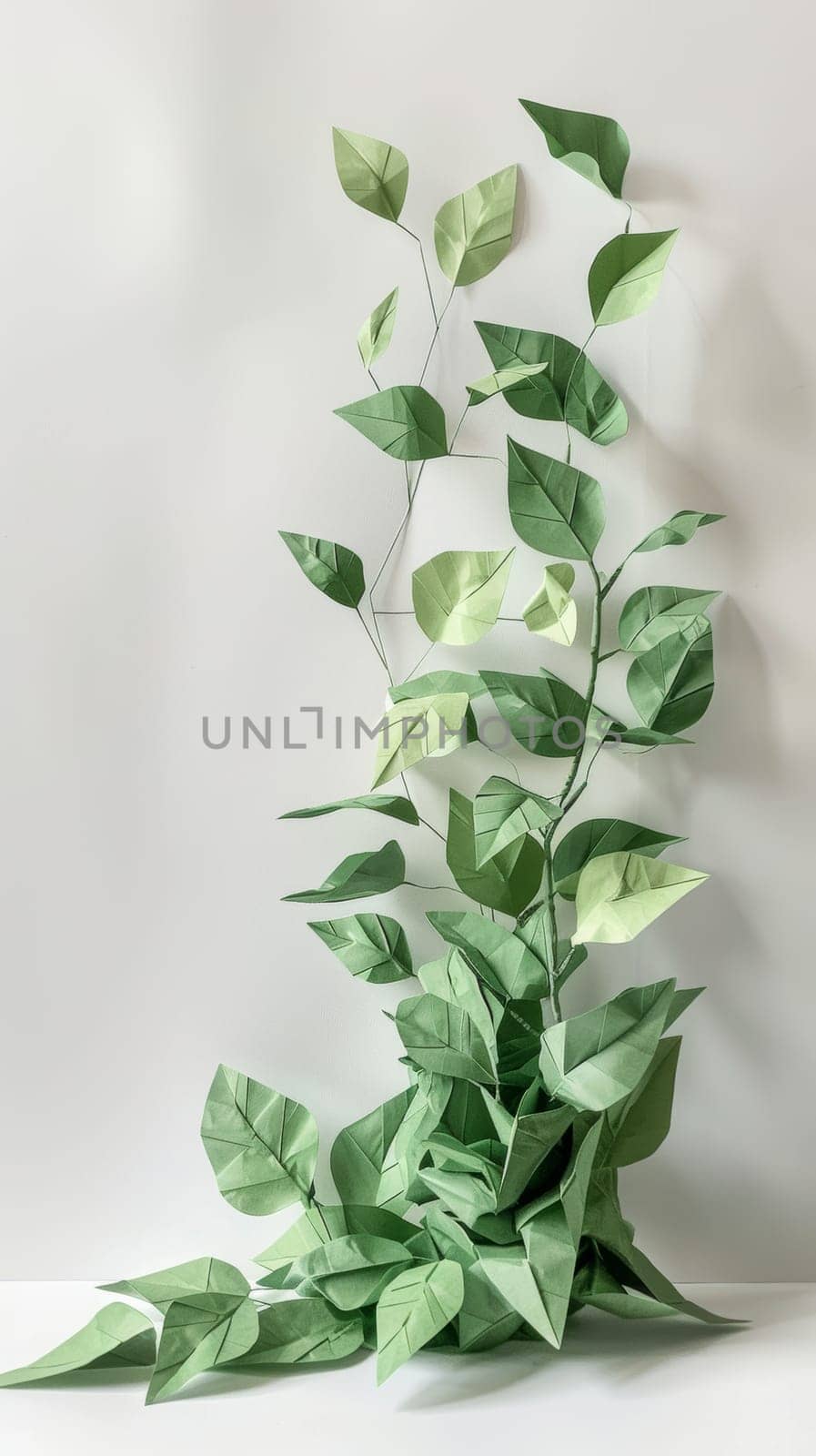 A green leafy plant made of paper. The leaves are folded and the stem is thin. The plant is placed on a white surface
