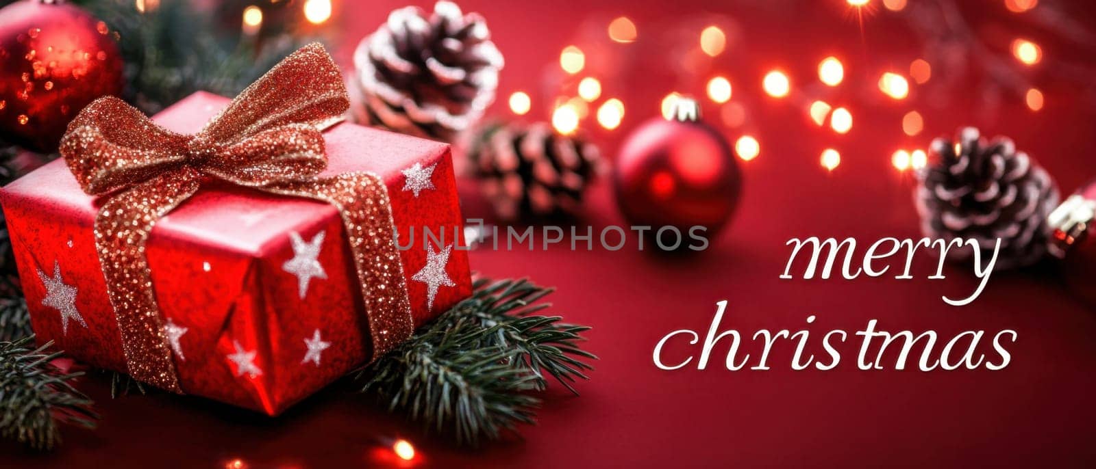 A beautifully wrapped red gift box sits among pine branches ornaments and lights creating a cheerful Christmas atmosphere.