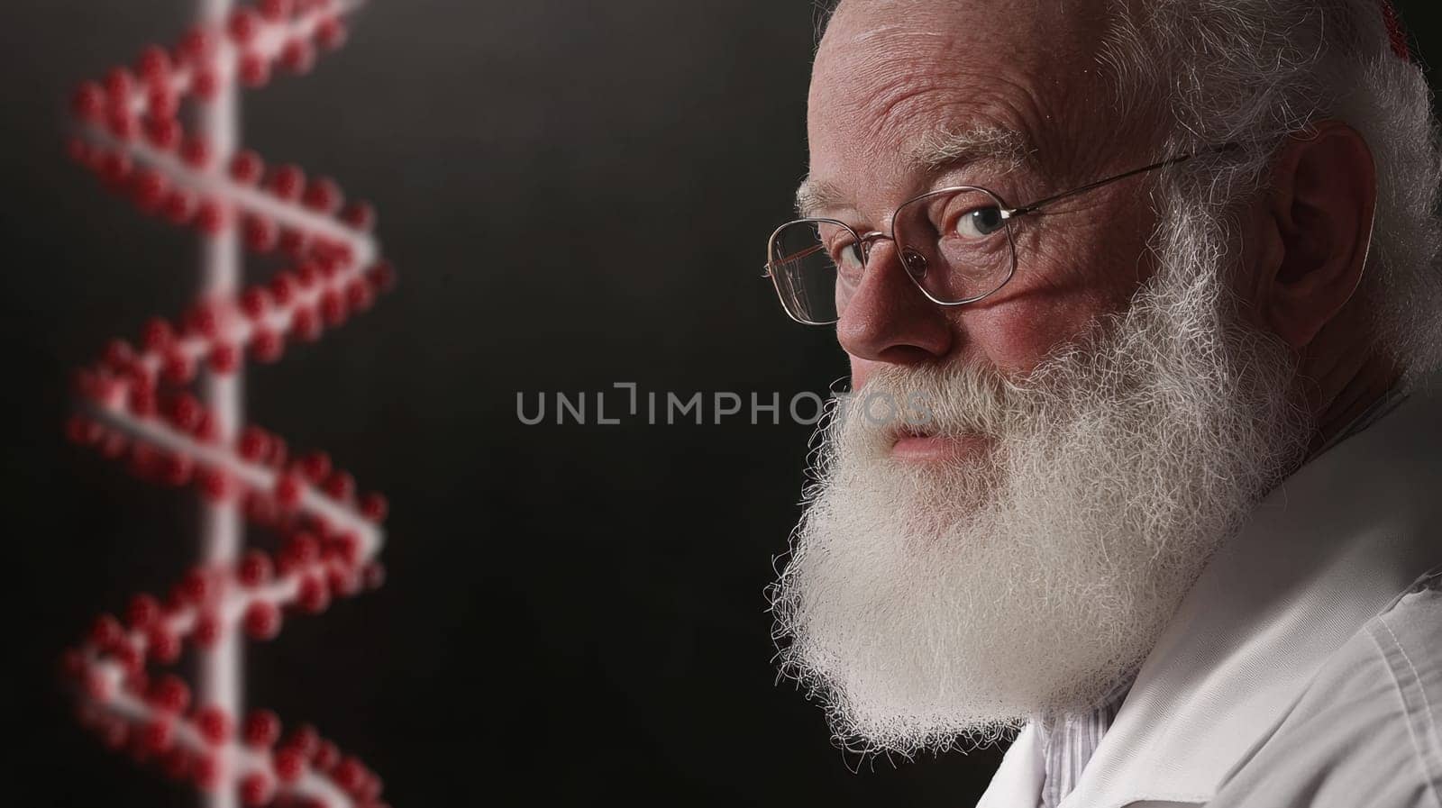 A senior scientist studies DNA double helix models in the lab highlighting their expertise and curiosity in genetics.
