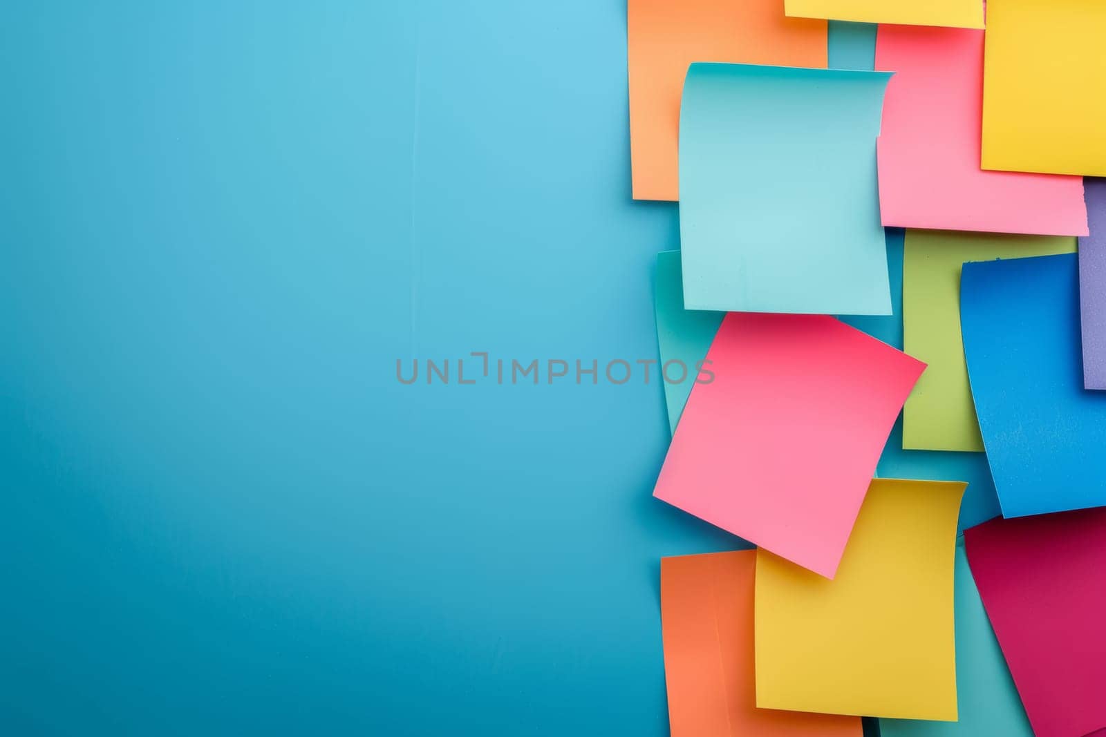 A colorful stack of sticky notes on a blue background. The notes are in various colors and sizes