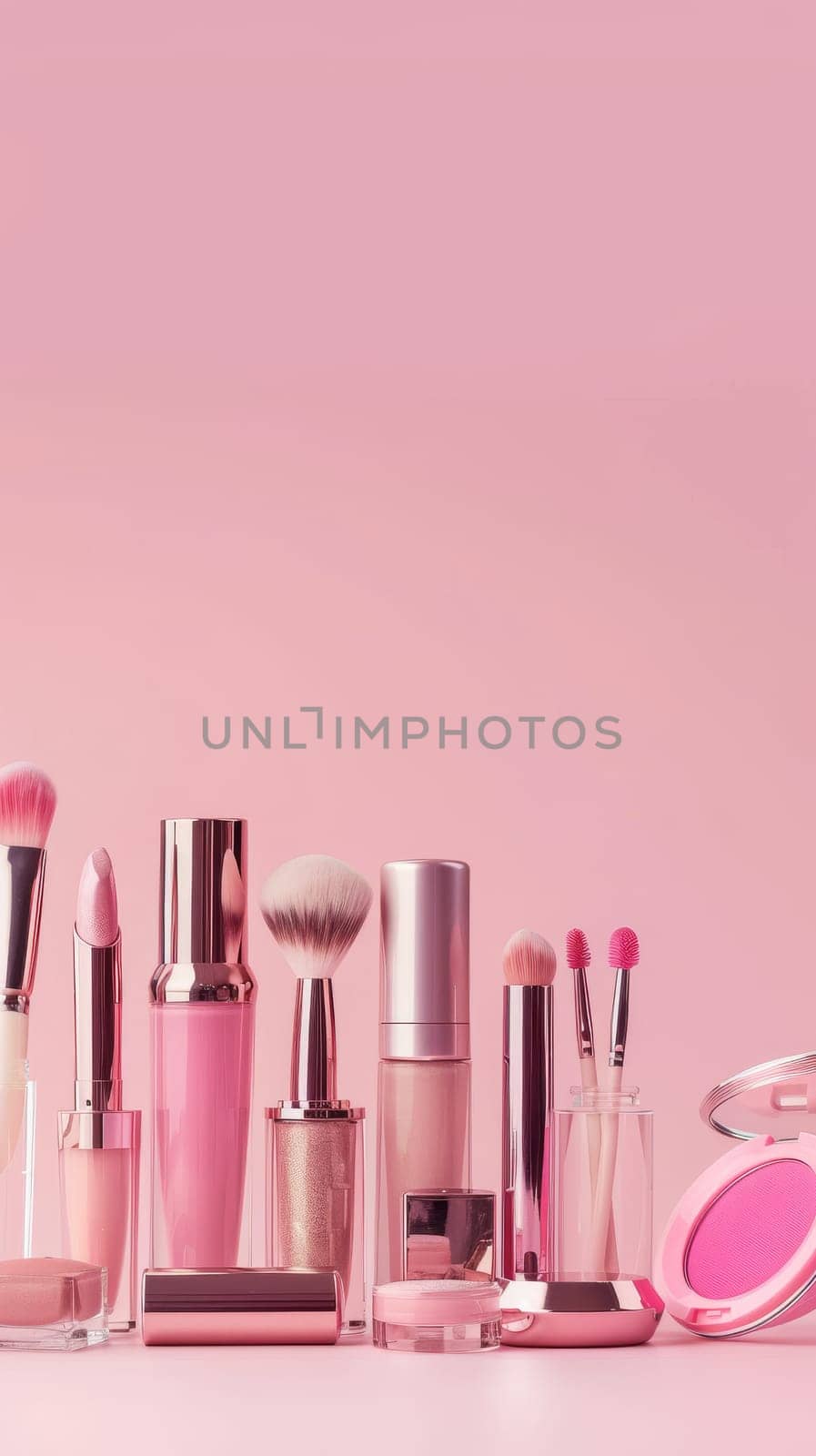 Copy space featuring trendy makeup products for beauty concept.