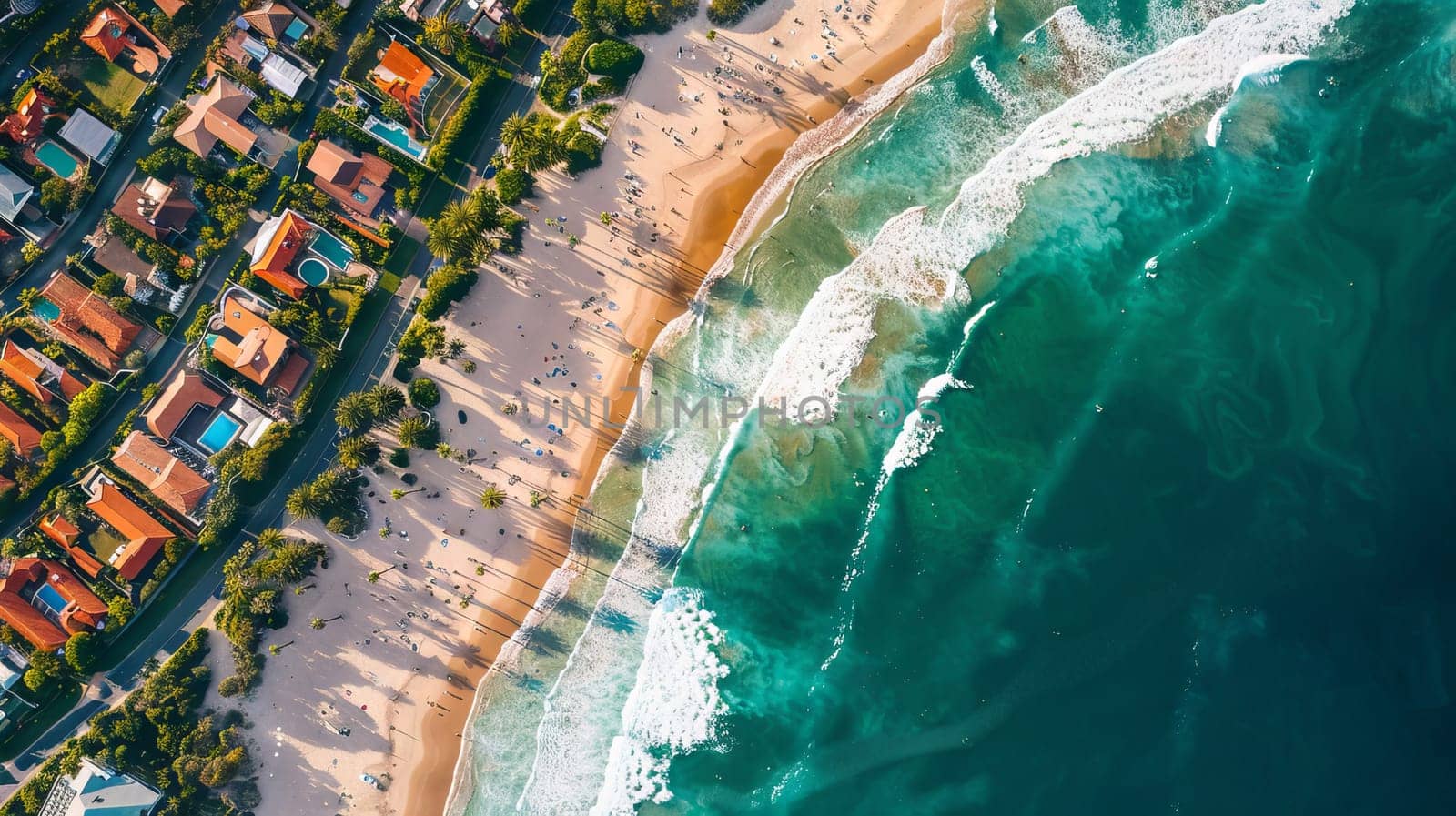 A beach with a lot of people and houses in the background. The beach is very crowded and the water is very blue