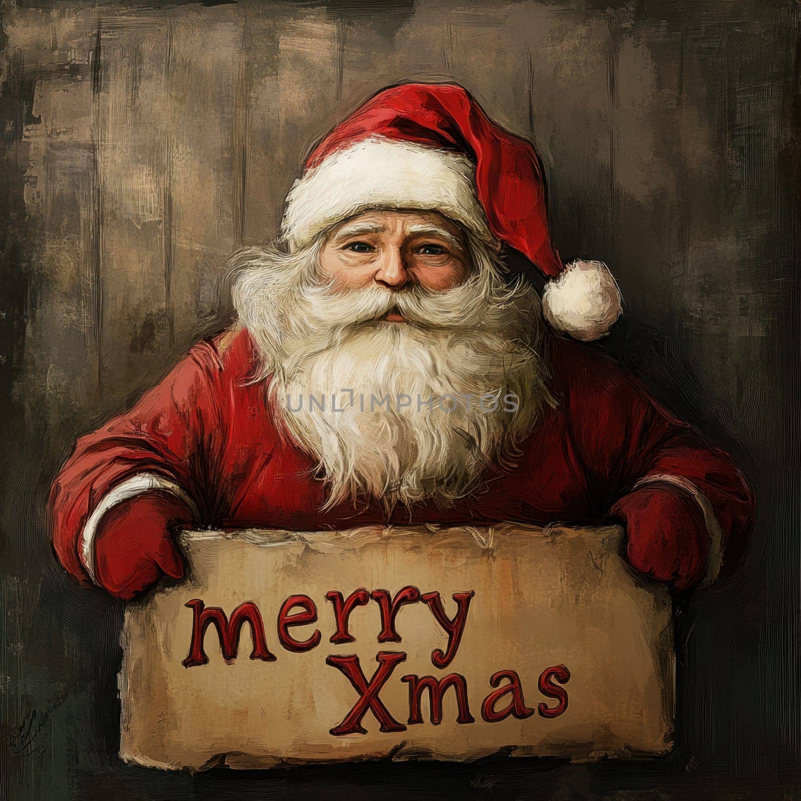 A cheerful Santa Claus with a long beard is holding a sign wishing everyone a Merry Xmas. The festive atmosphere captures the holiday spirit.
