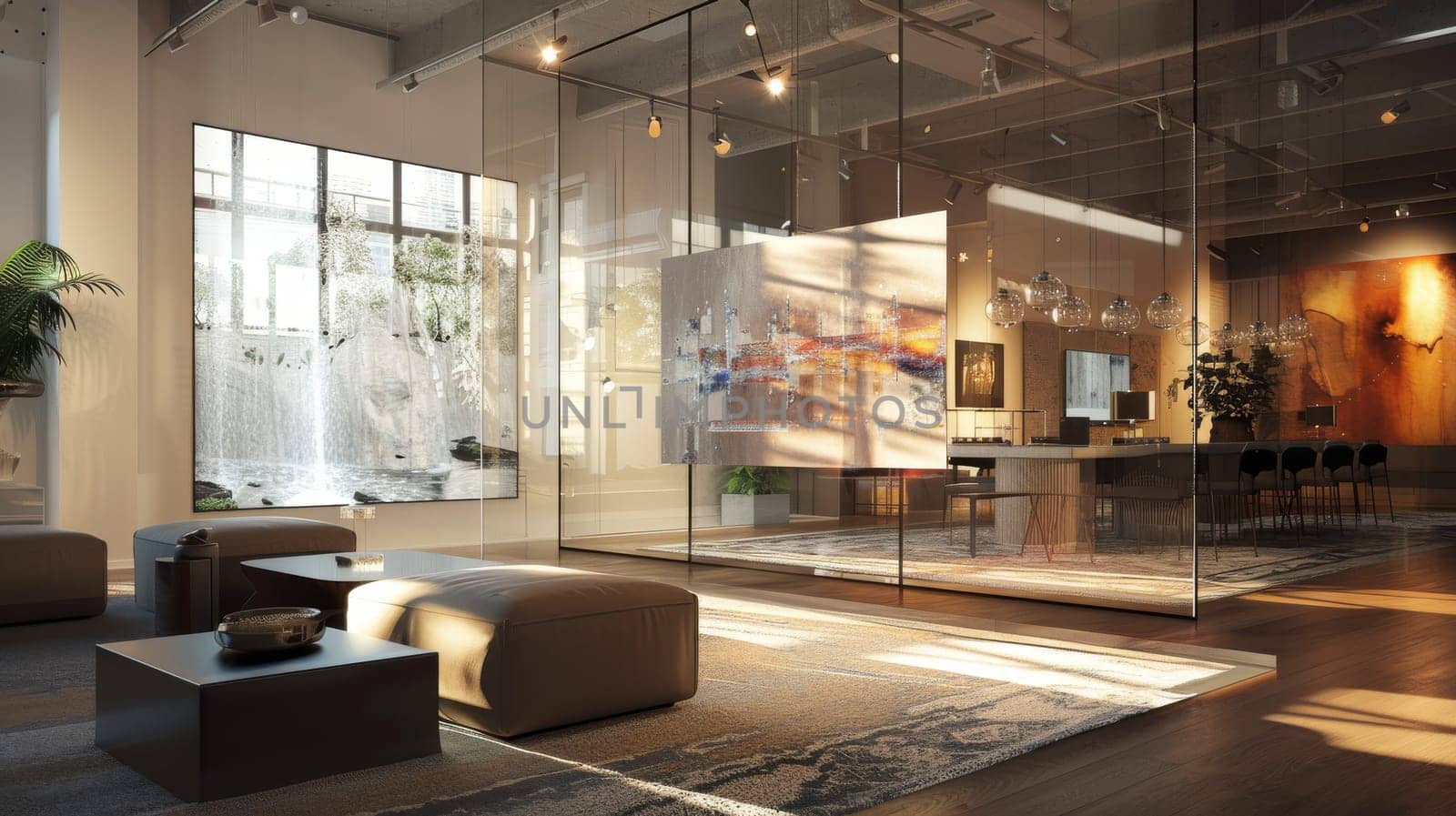 A large room with a television on the wall and a fireplace. The room is filled with furniture and plants, giving it a cozy and inviting atmosphere