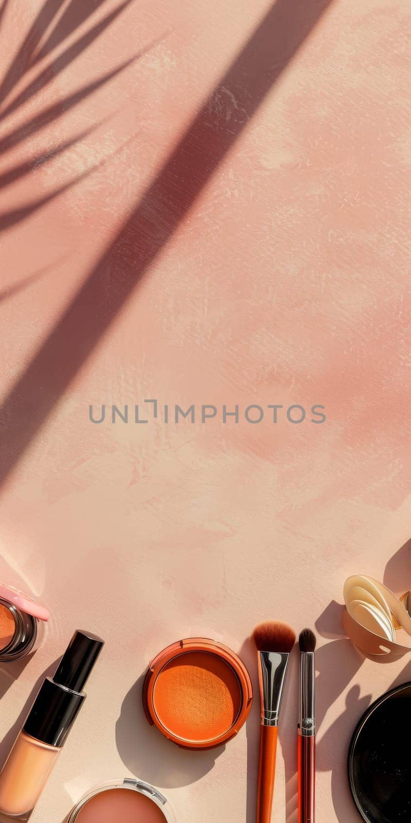 Copy space with assorted cosmetics arranged in an elegant layout.