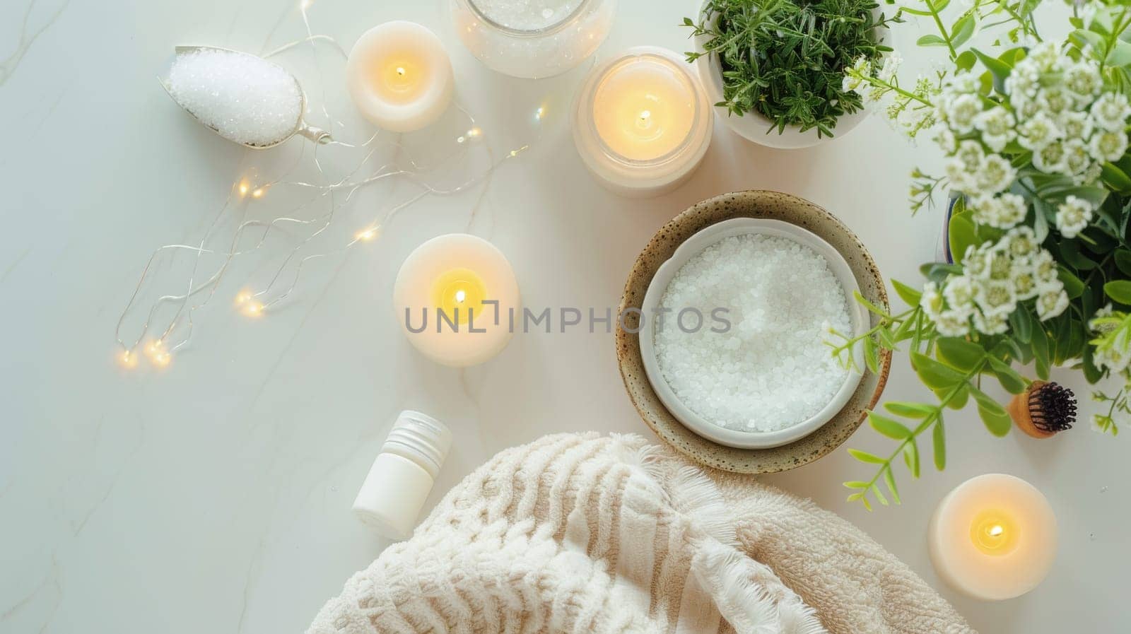 Copy space strategically incorporated into the aesthetic of self-care arrangement