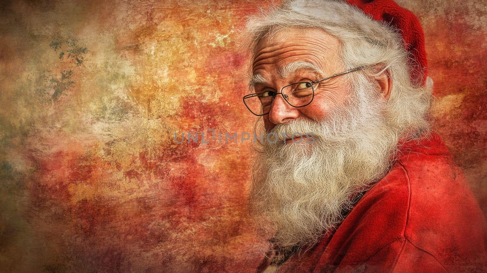 A cheerful Santa Claus with a fluffy white beard and red hat smiles featuring a vivid textured background perfect for holiday themes.