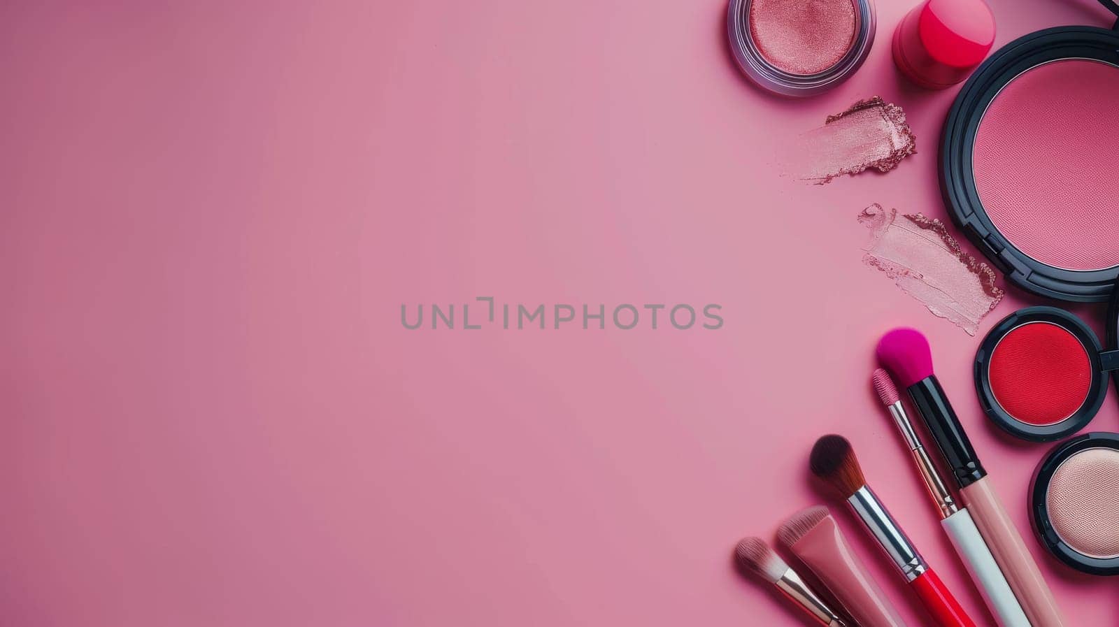 Copy space with various makeup products for beauty advertisement.