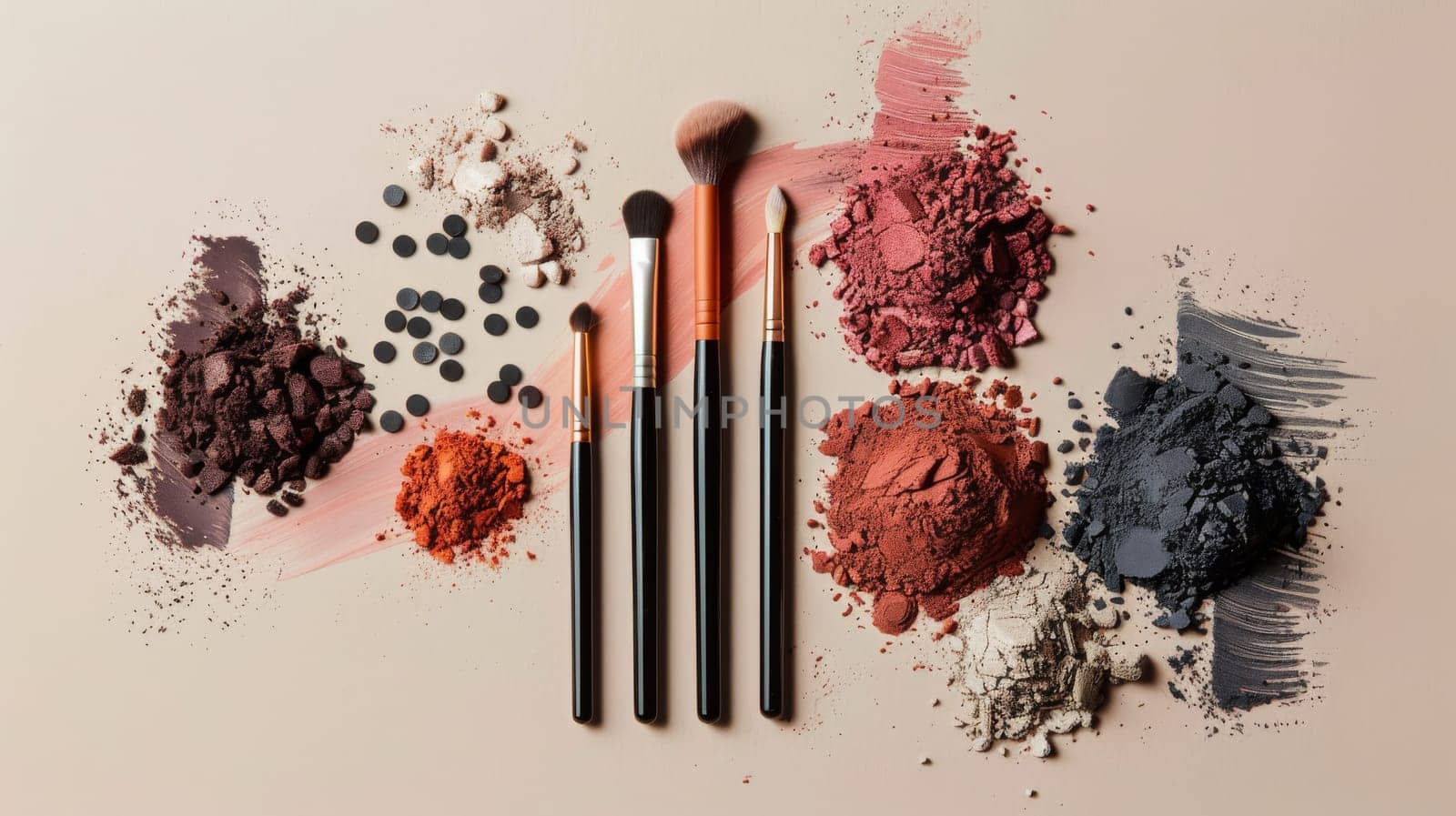 Creative flat lay setup featuring a diverse range of makeup textures and colors.