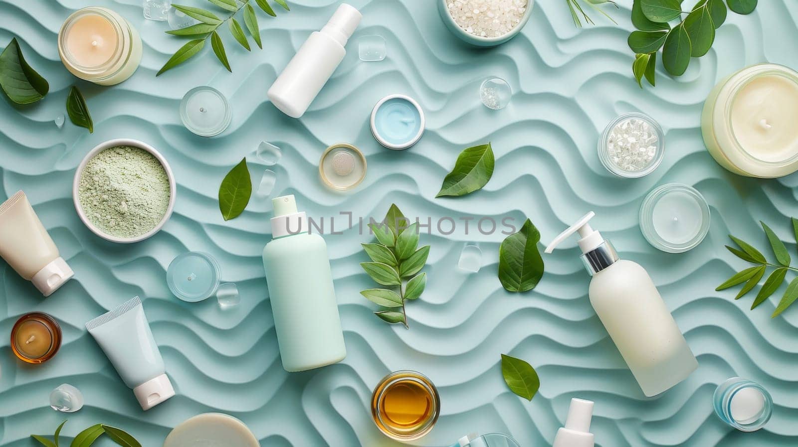 A blue background with many bottles and containers of various sizes and shapes. The bottles and containers are arranged in a way that creates a sense of abundance and variety