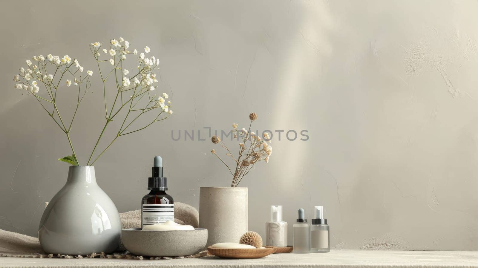 Serene arrangement of self-care essentials with unobstructed copy space