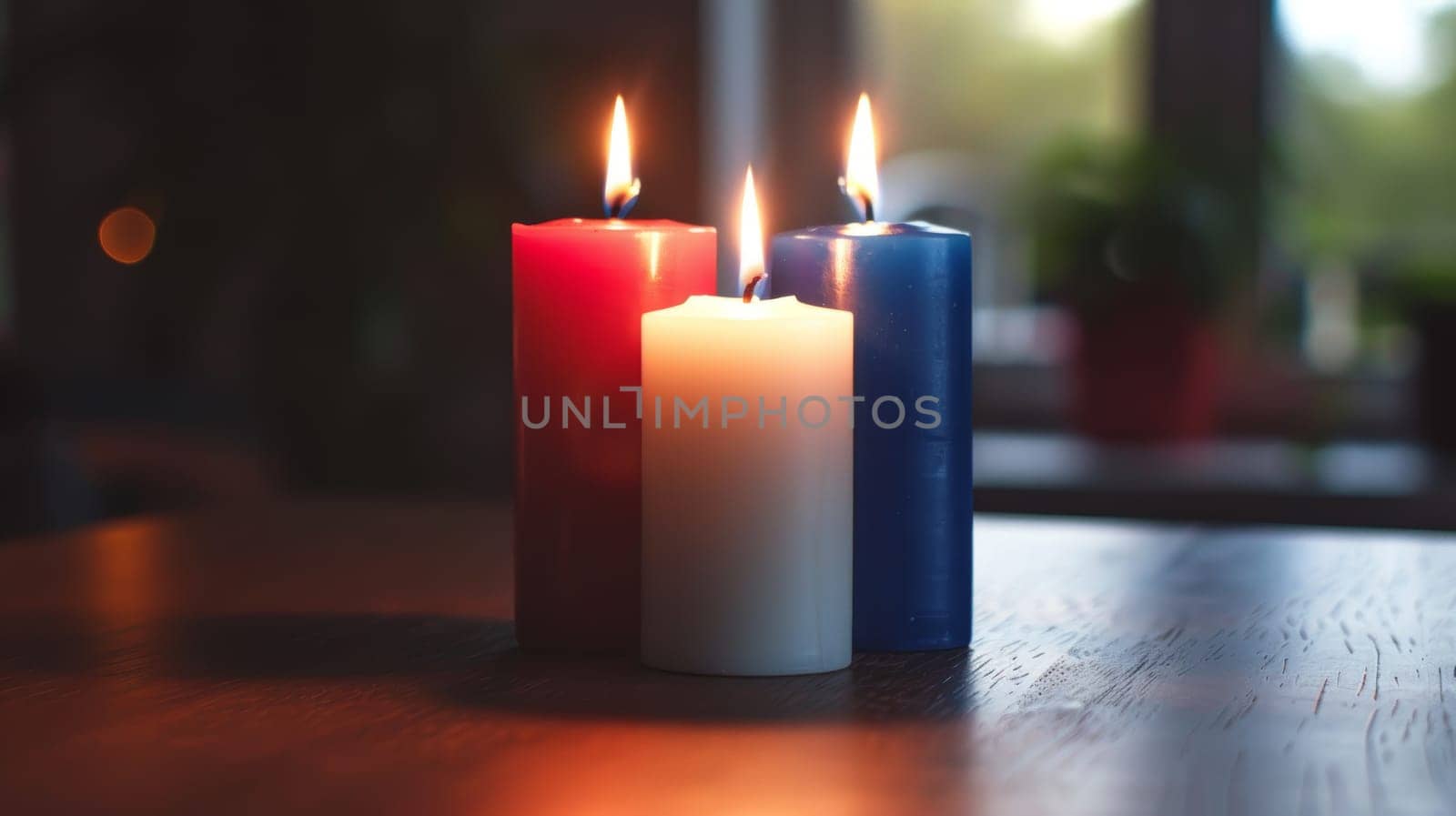 Simple arrangement of three candles in red, white, and blue.