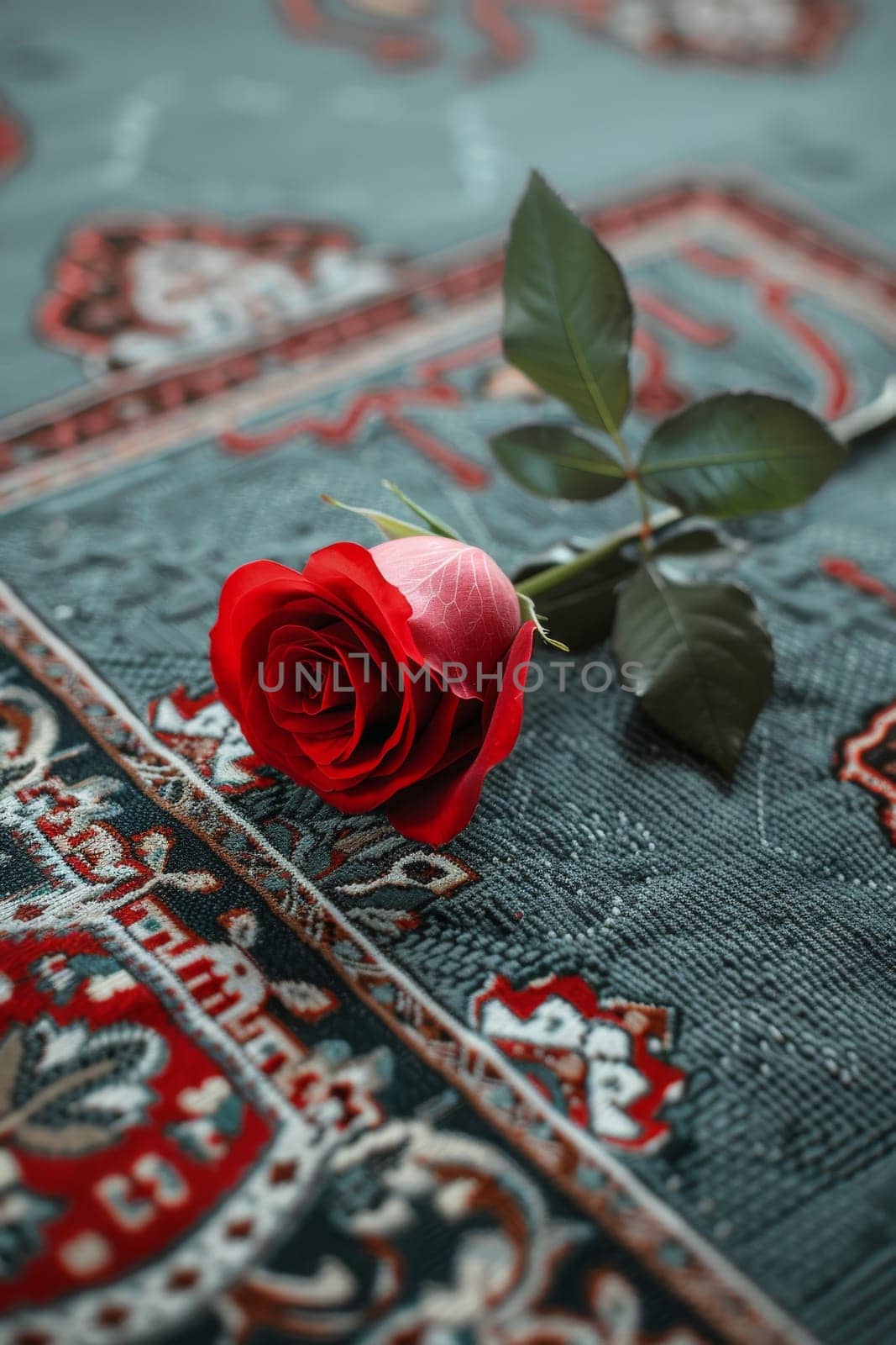 Simple background with a single rose placed on a prayer mat, symbolizing devotion and love.