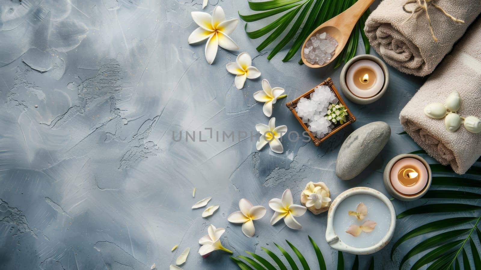 Tranquil arrangement of spa and relaxation items with designated copy space
