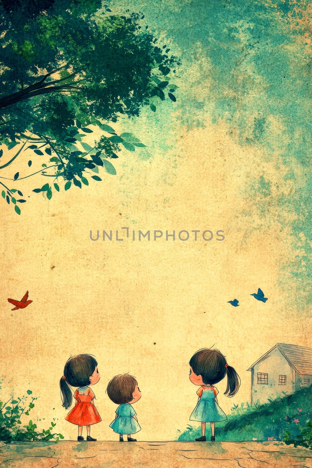 Little girls playing in the garden,in the sky birds and in the distance you can see the house.AI generative.