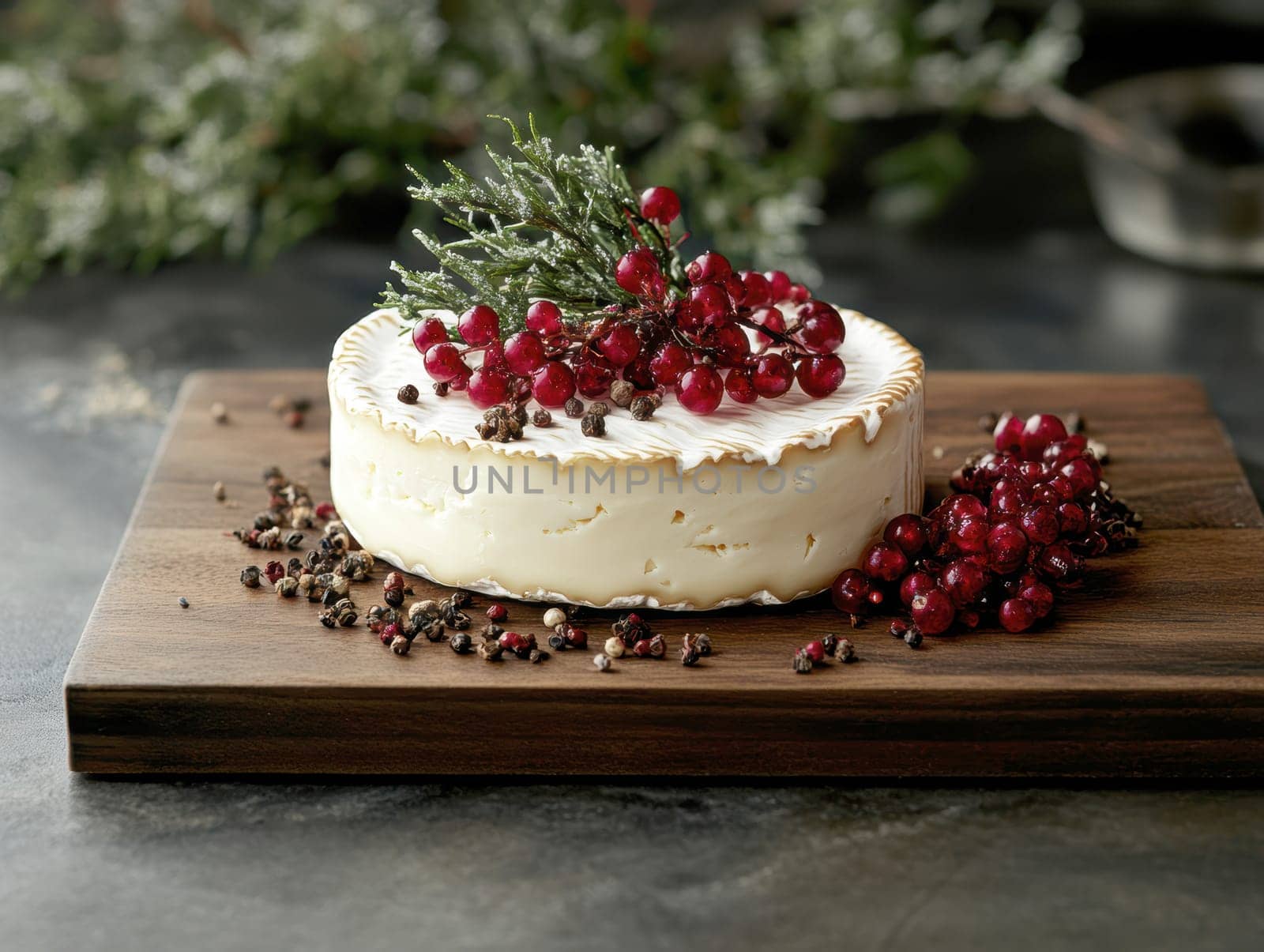 Creamy,  brie cheese with a soft rind on a cheese board. AI generative.