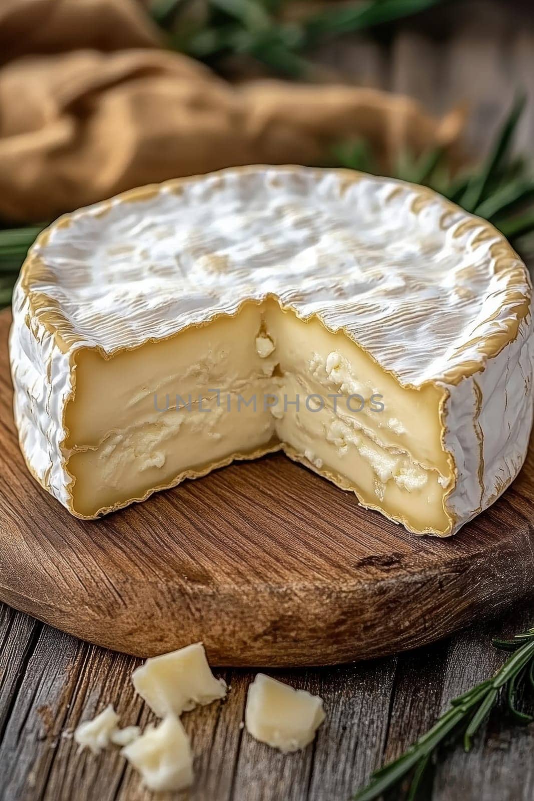Creamy,  brie cheese with a soft rind on a cheese board. AI generative.
