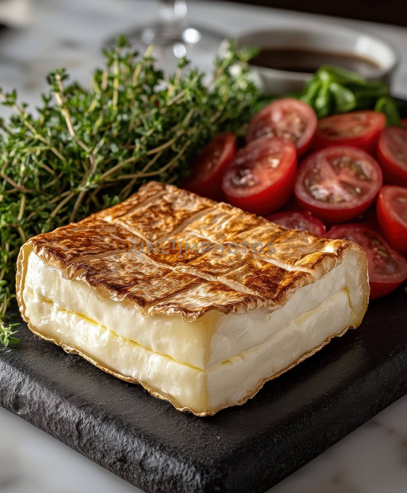 Creamy,  brie cheese with a soft rind on a cheese board. AI generative.
