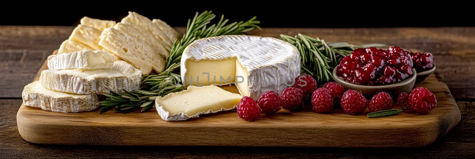 Creamy,  brie cheese with a soft rind on a cheese board. AI generative.