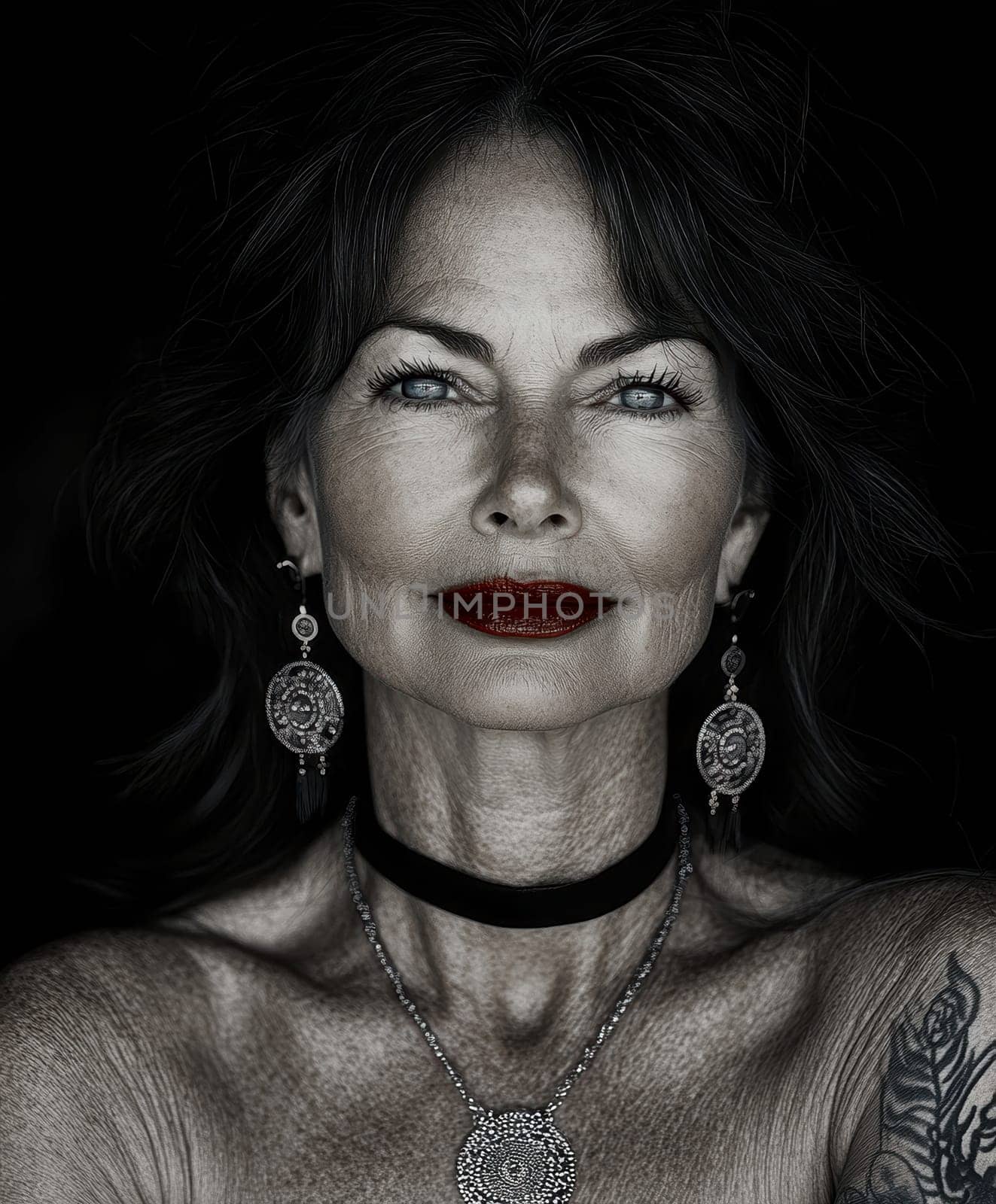 Close-up portrait of a middle-aged woman with black hair, blue eyes and dark red lipstick earrings and necklace. She has tattoos on her arms. AI generative.