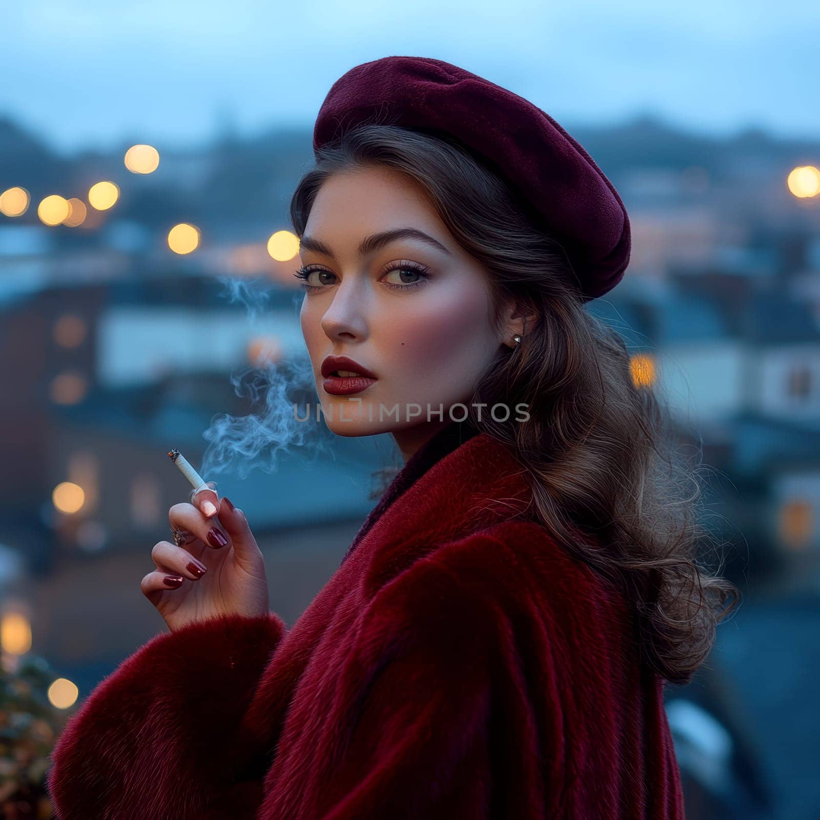 Woman dressed in 80s style smoking a cigarette on the street. AI generative.