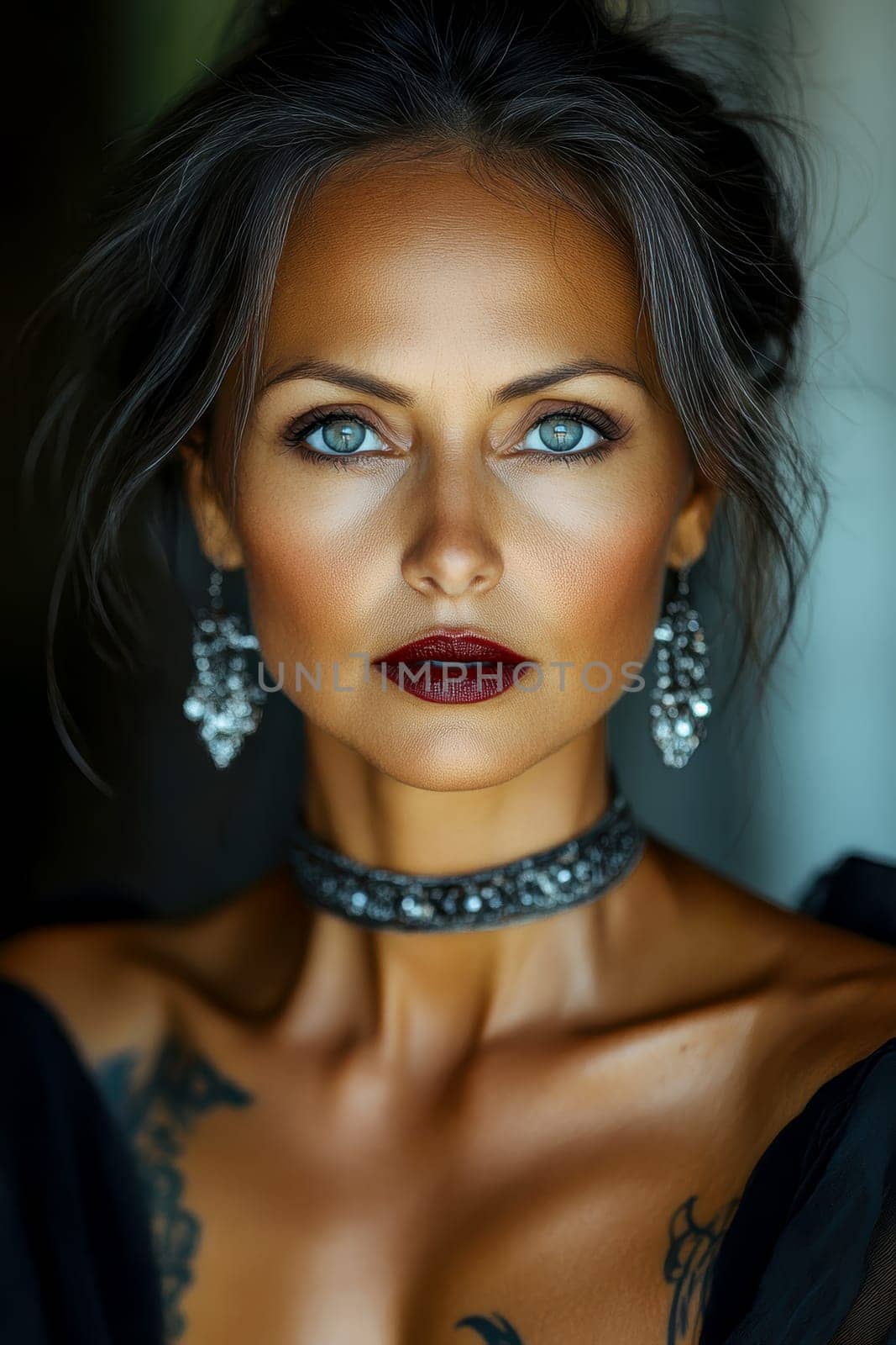 Close-up portrait of a middle-aged woman with black hair, blue eyes and dark red lipstick earrings and necklace. She has tattoos on her arms. AI generative.