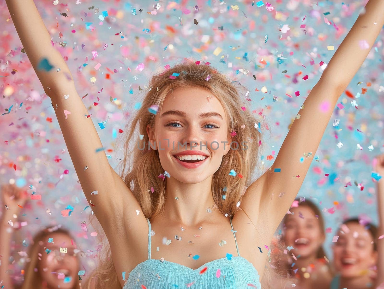oung woman, celebrating with her arms raised high in the air, surrounded by colorful confetti.  AI generative.