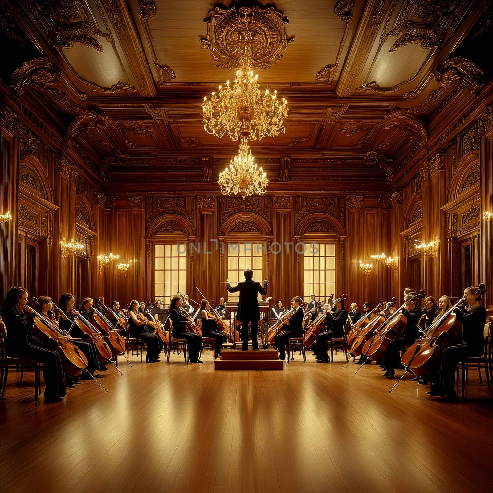A concert played by a symphony orchestra. AI generative.