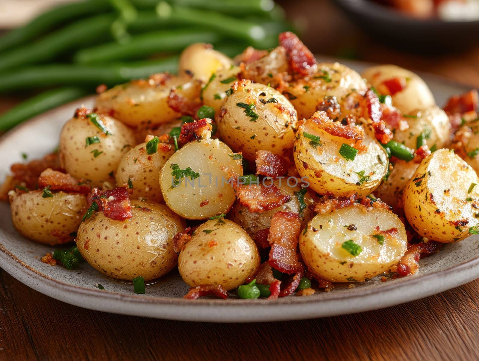 Rustic country-style dish with roasted new potatoes in a plate, tender green beans and crispy bacon bits. AI generative.