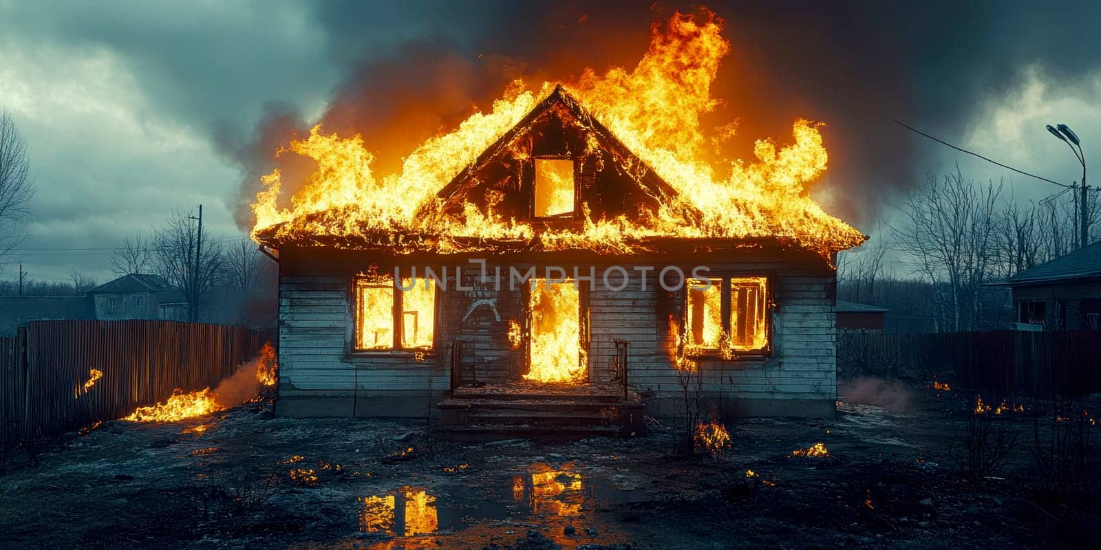 Burning house standing alone , backyard at night. AI generative.