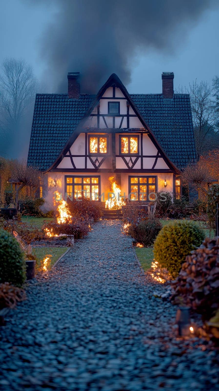 Burning house standing alone , backyard at night. AI generative.