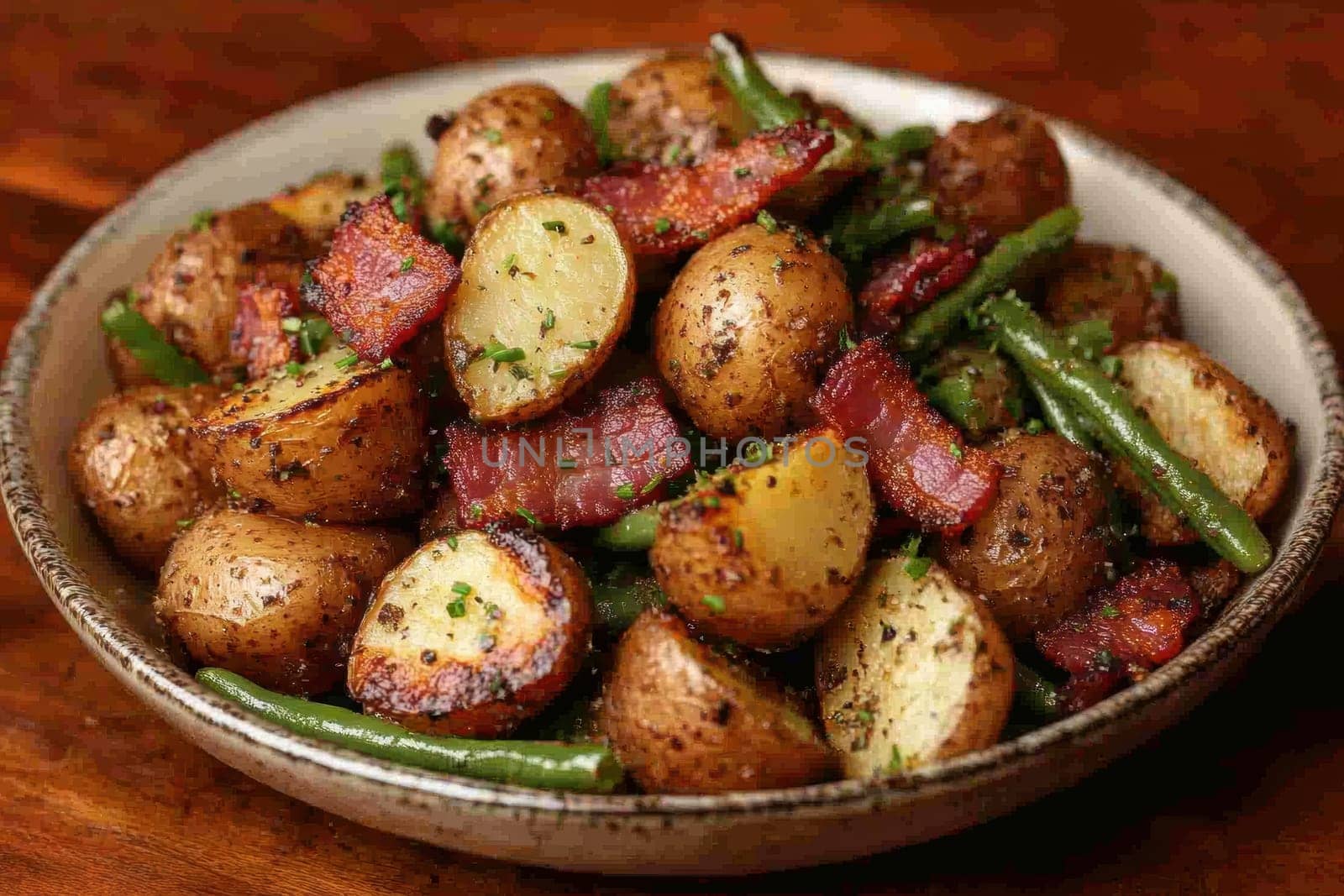 Rustic country-style dish with roasted new potatoes in a plate, tender green beans and crispy bacon bits. AI generative.