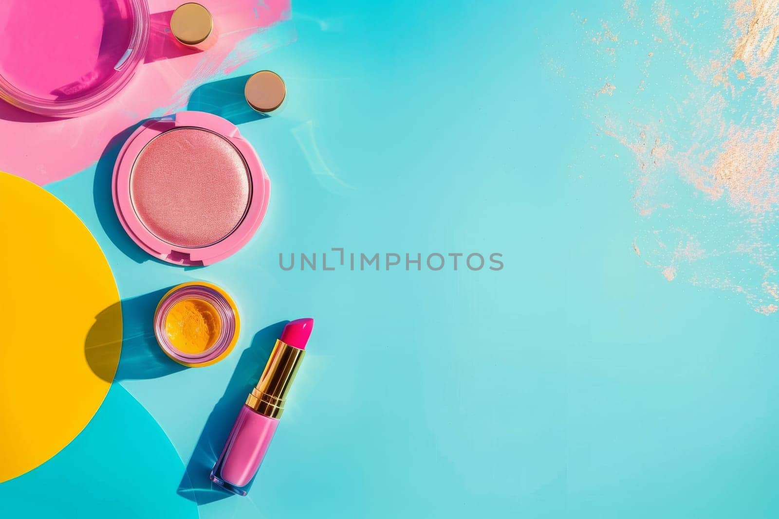 A colorful makeup palette with a pink lipstick and a pink eye shadow. The palette is on a blue background