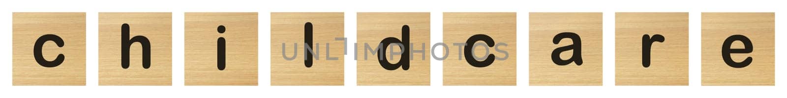 Childcare word with wood blocks on white
