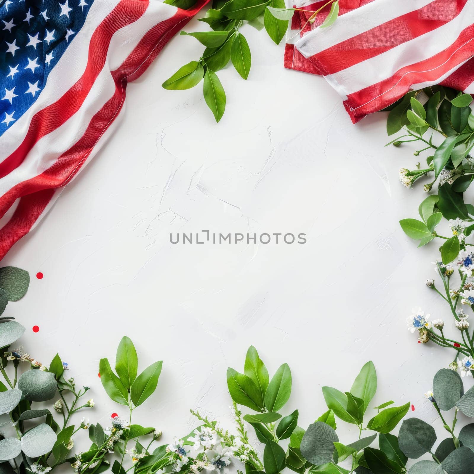 White background with American flag and patriotic decorations for Patriot Day.