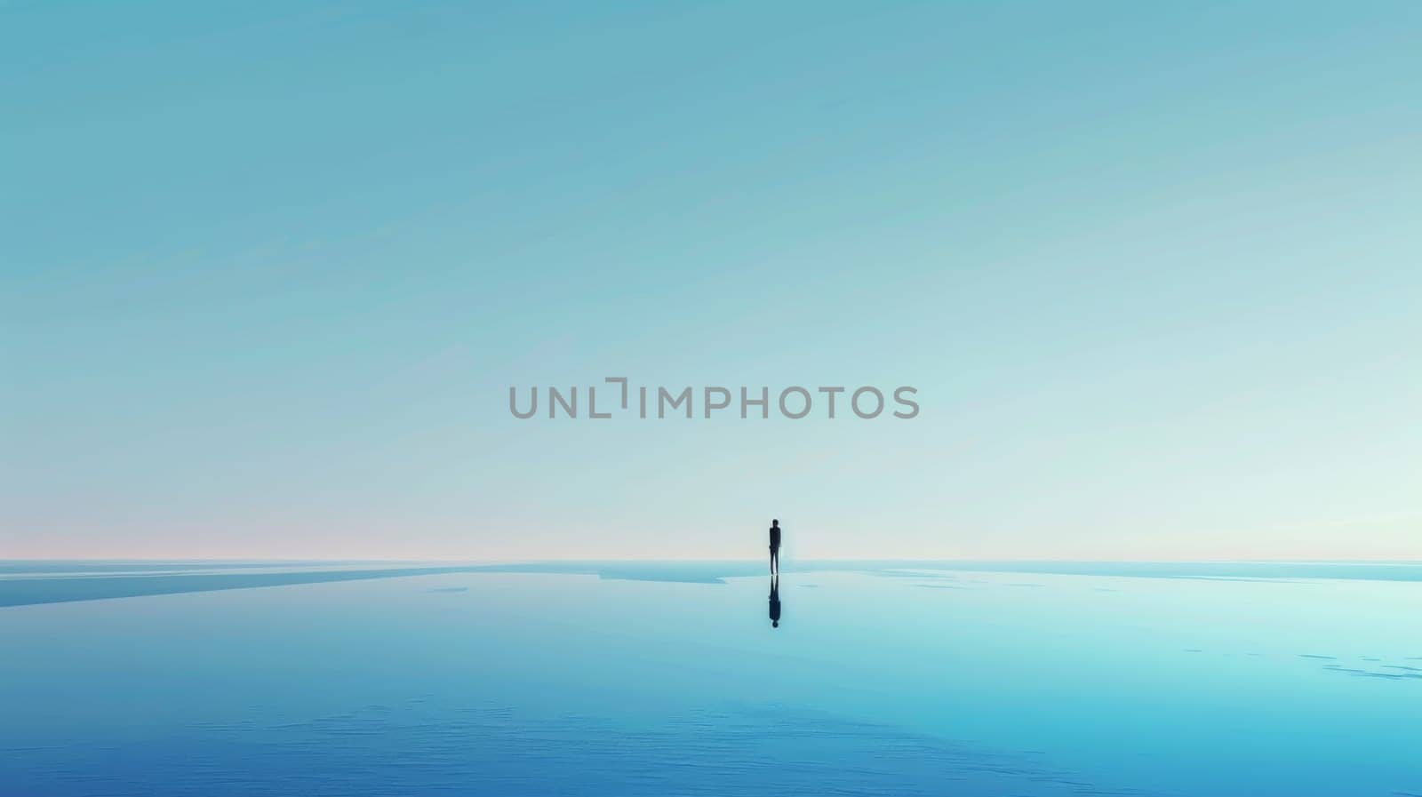 A person stands alone on a body of water, with the sky above them. The scene is serene and peaceful, with the person's silhouette standing out against the calm blue water