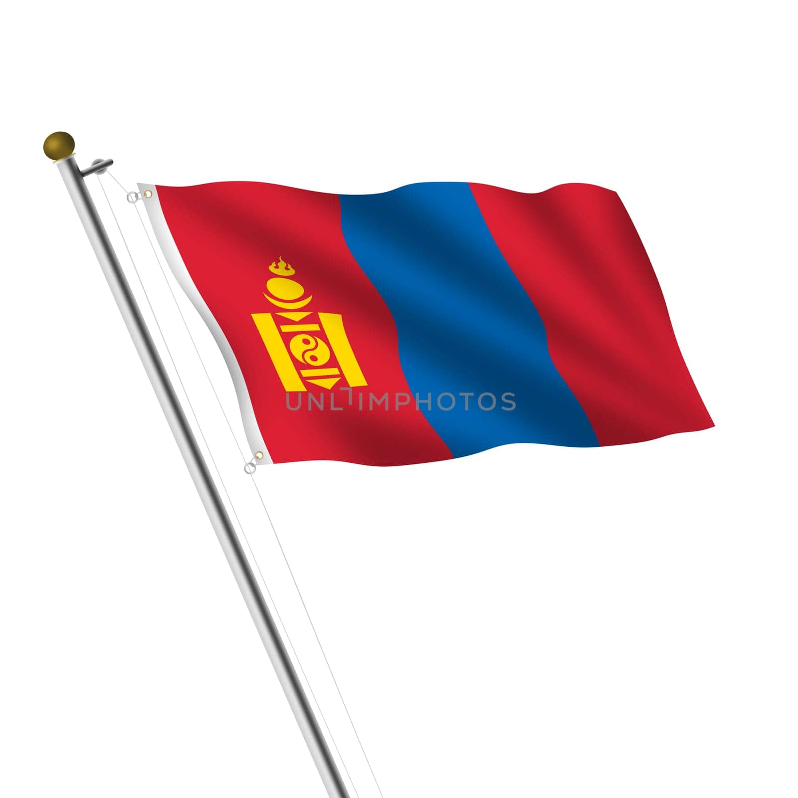 A Mongolia flagpole 3d illustration on white with clipping path
